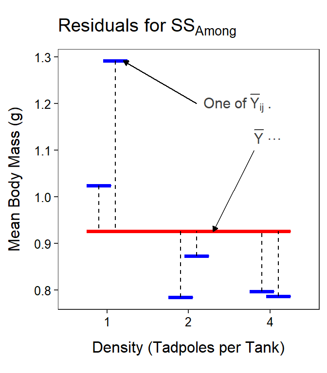 Mean tadpole body mass by density and UV-B light levels (not differentiated) with the grand mean of the simple model (red horizontal line) and the treatments means of the full model (blue horizontal lines) shown. Vertical dashed lines are "residuals" between the two types of means. Note that the y-axis scale is different than all previous plots.