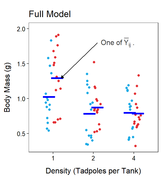 Tadpole body mass by density and UV-B light levels (different colored points) with the grand mean of the simple model (Left) and the treatments means of the full model (Right) shown.