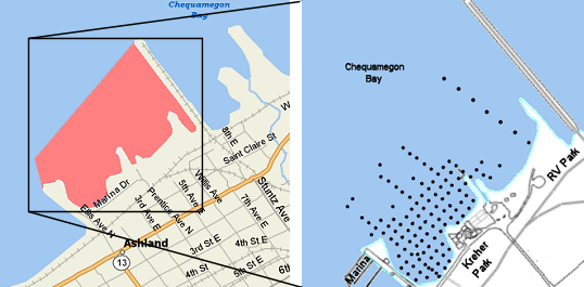 Location of the Ashland superfund site (left) with the location of 119 historical sediment sampling sites (right).