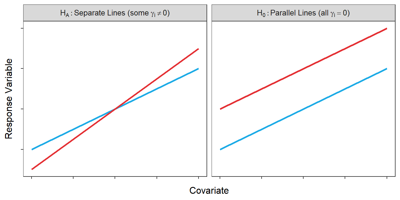 Hypothetical depictions of the models for the null and alternative hypotheses of the parallel lines test.